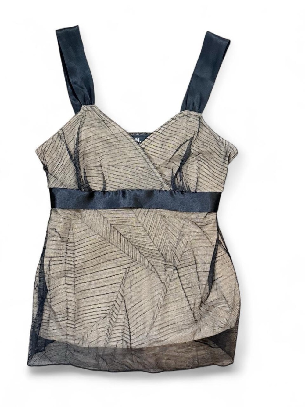 Y2K Black Sheer Brown Babydoll Tank Top Satin Straps Tie Back Women’s Size L